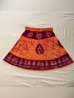 Source Unknown Orange and Burgundy Tie-Waist Skater Skirt